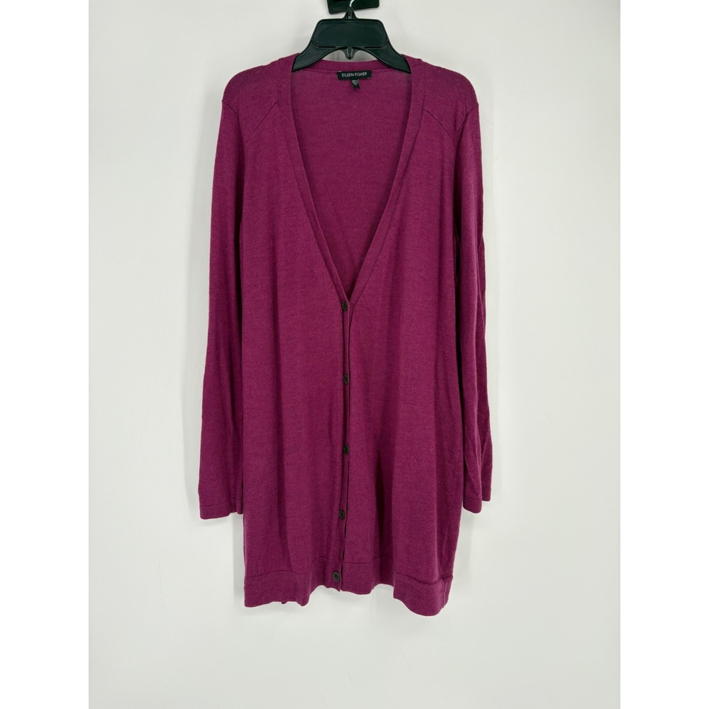 Eileen Fisher Cardigan Womens M Purple Merino Wool Longline V-Neck Button Front